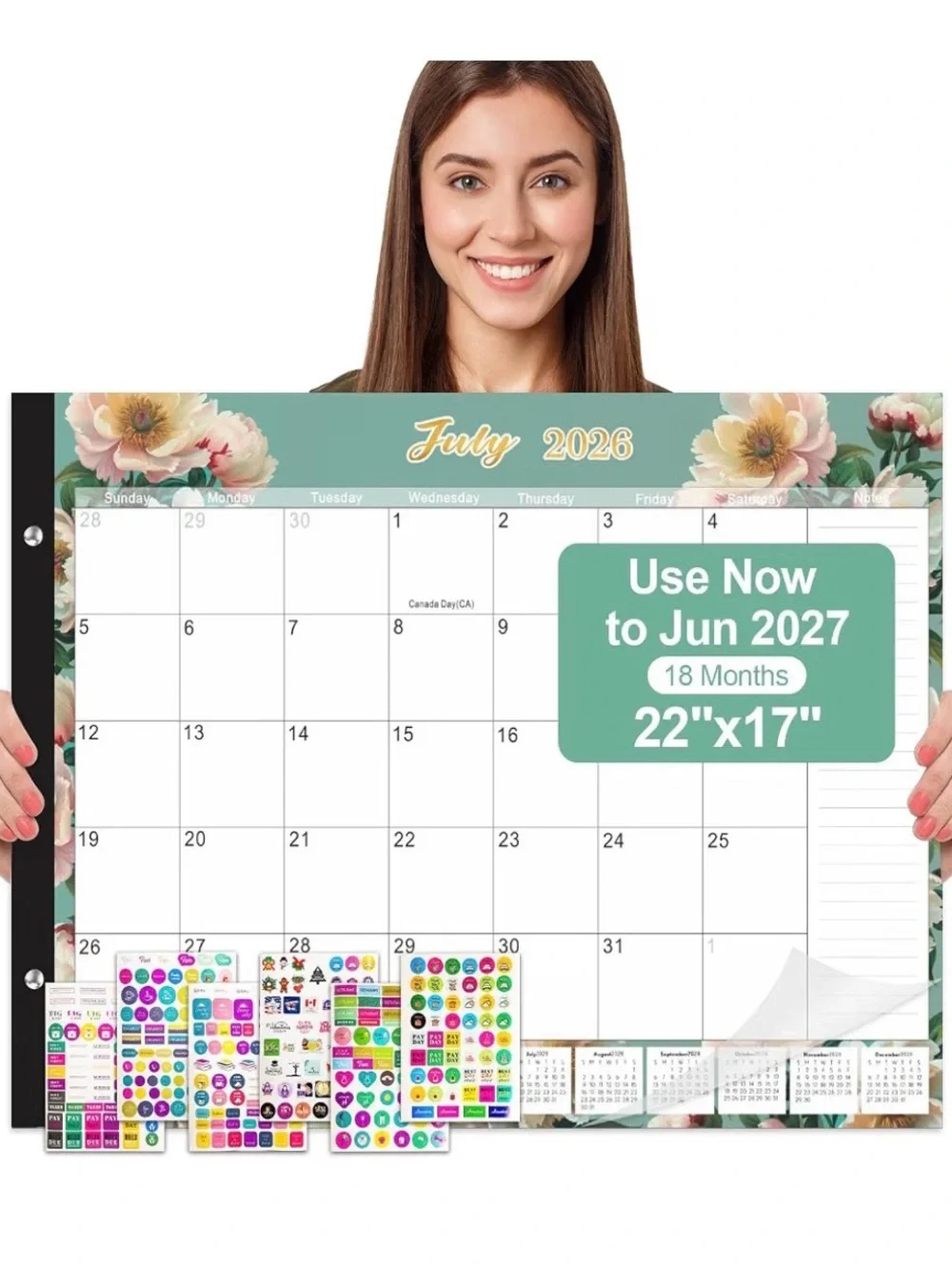 Floral Desk Calendar 2026-2027 - 18 Month 22”x17” with Stickers